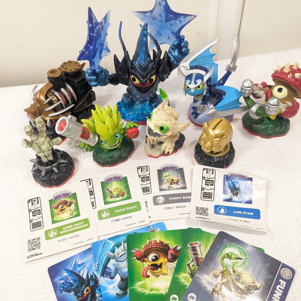 Skylanders set 8 figurines Trap Team orange base bottom‎ cards stickers lot